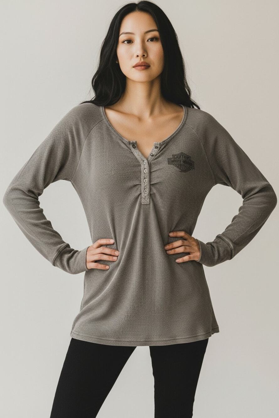 Harley Davidson Women's Thermal Shirt Gray Floral Graphic Large 1/4 Snap Vneck